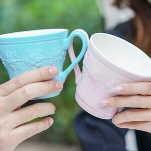 Wedgwood Festivity Porcelain Cups Set of 2 Pink Blue Embossed Floral Queensware